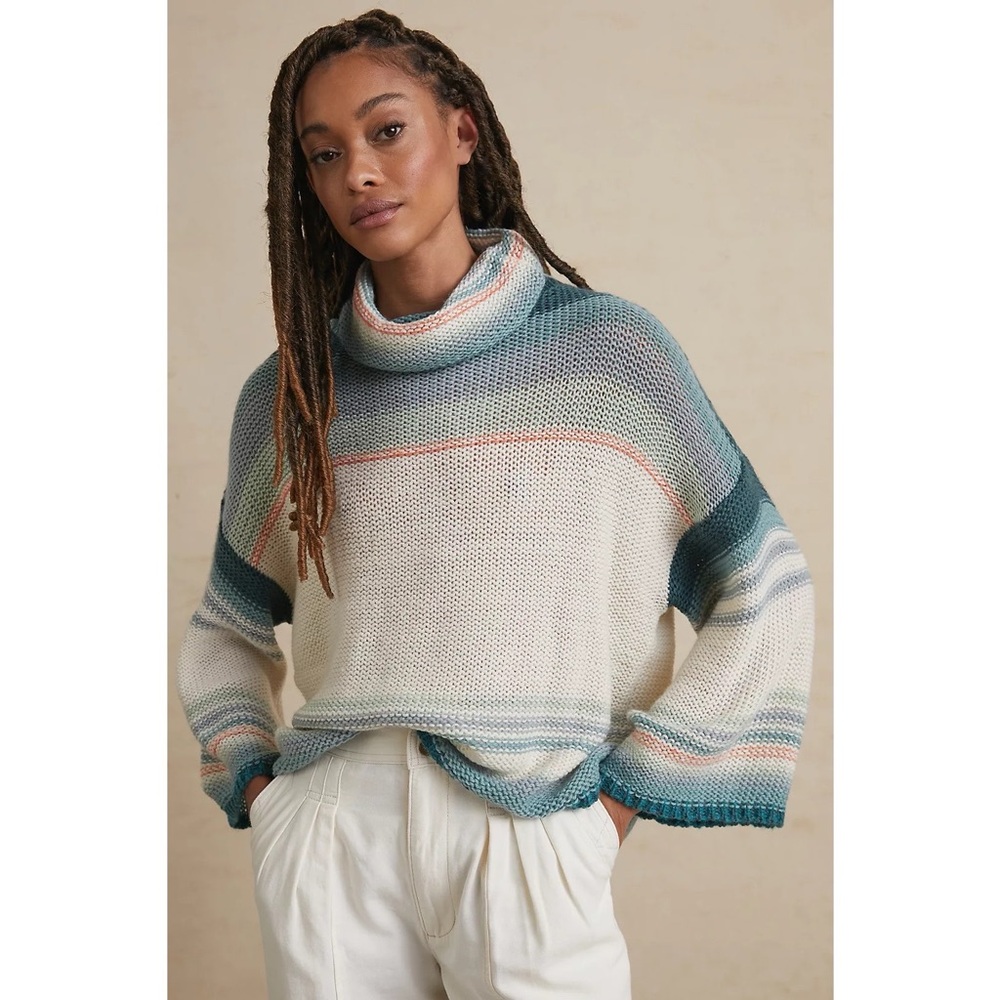 Anthropologie Courtney Ombré Cowl Turtleneck Sweater in Blue & Cream Stripe